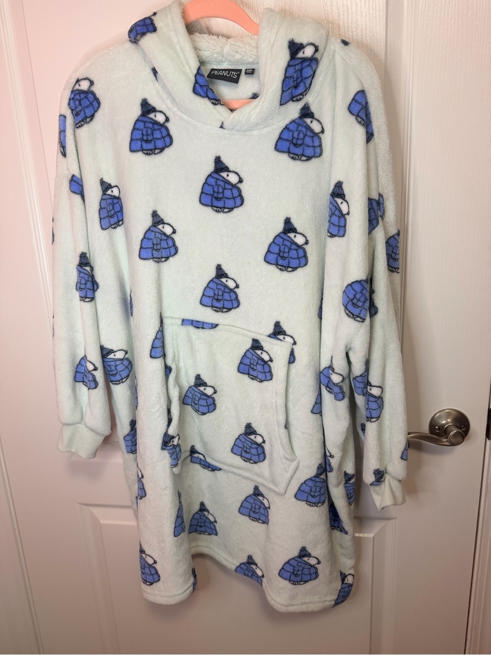 Peanuts Hooded Fleece Nightshirt - Light Aqua with Blue Penguin Print